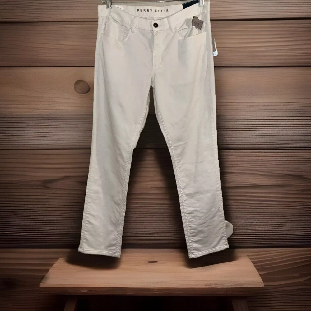 Men's PERRY ELLIS White Cotton + Jean-Style Pants Tagged 34x32 NWT NEW Slim Fit